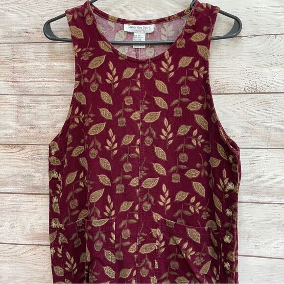 VINTAGE CAMBRIDGE SPIRIT CORDUROY JUMPER IN BURGUNDY LEAF PRINT - Picture 2 of 6